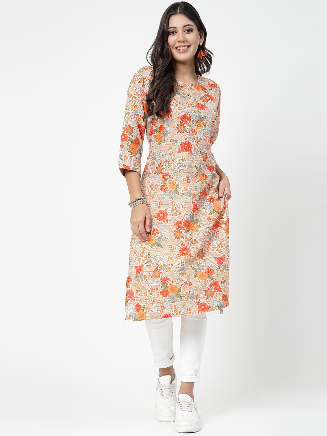 

KALINI Floral Printed Gotta Patti Cotton Straight Kurta, Orange