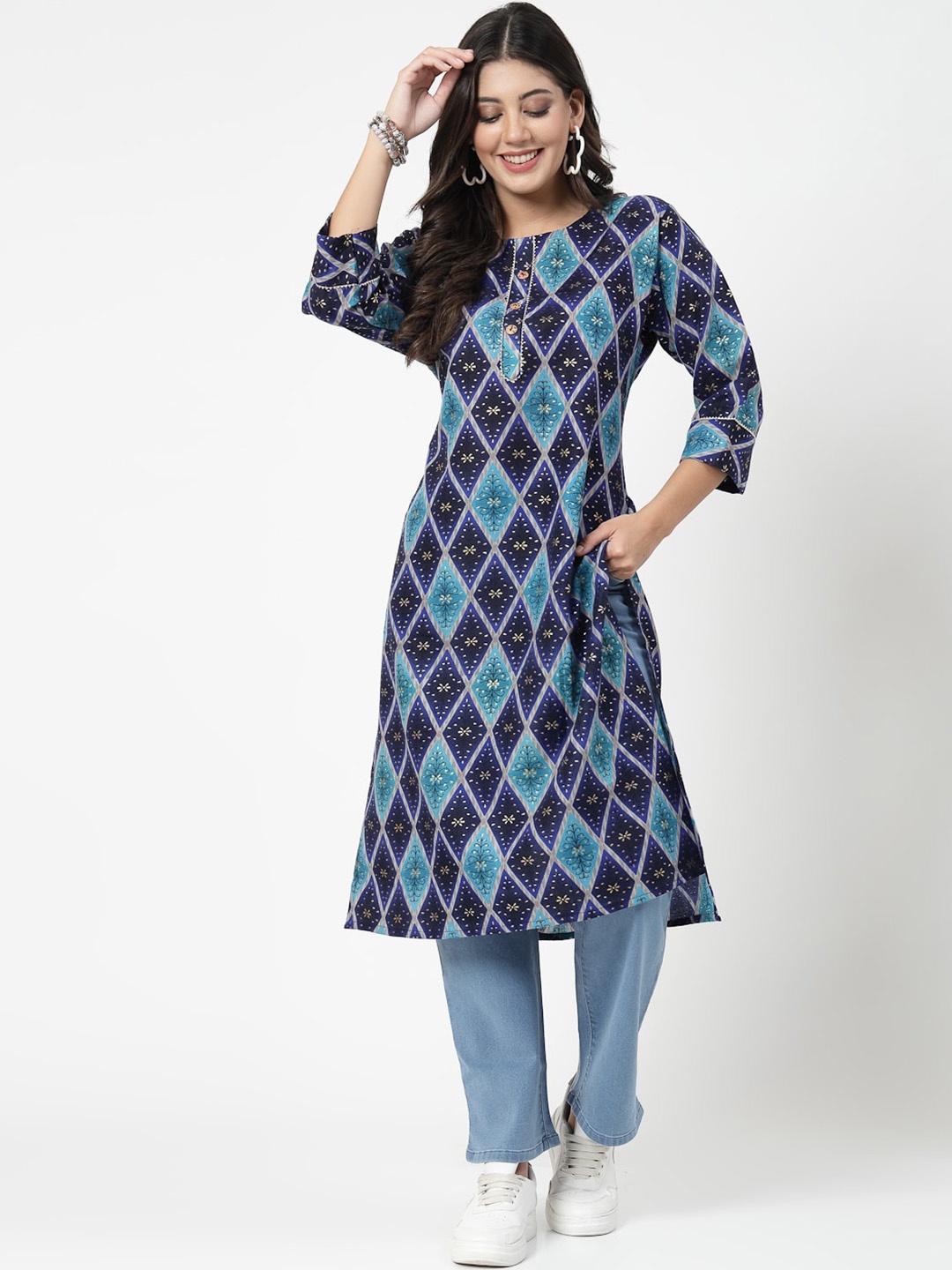 

KALINI Geometric Printed Gotta Patti Cotton Kurta, Blue