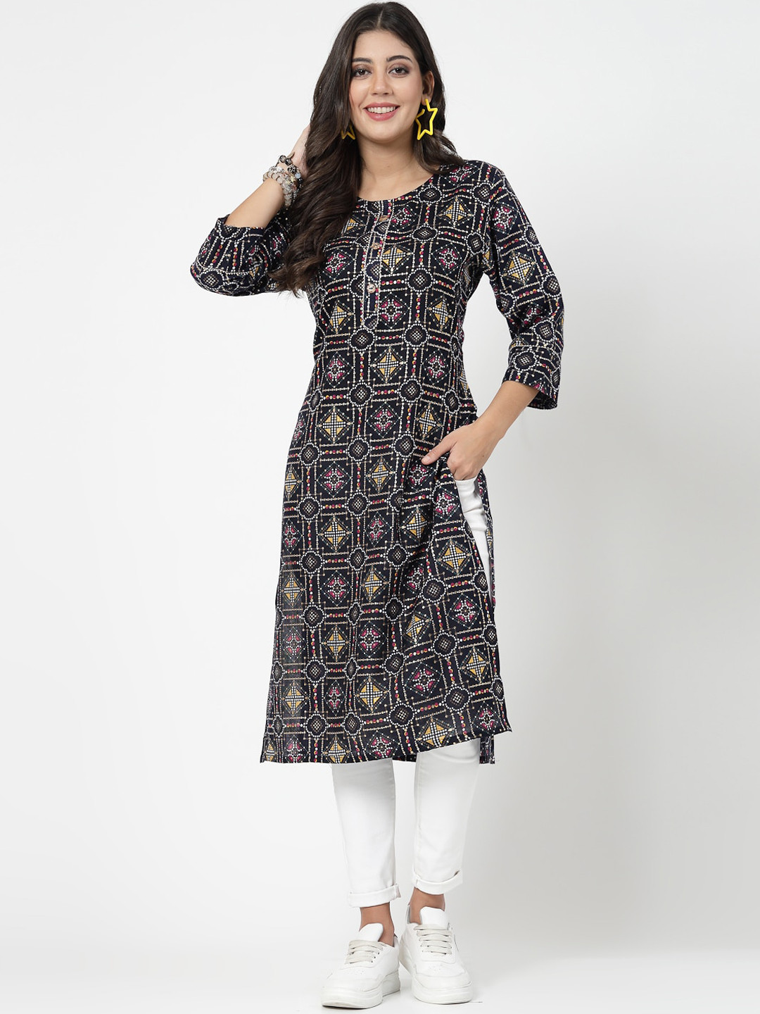 

KALINI Floral Printed Gotta Patti Cotton Straight Kurta, Black