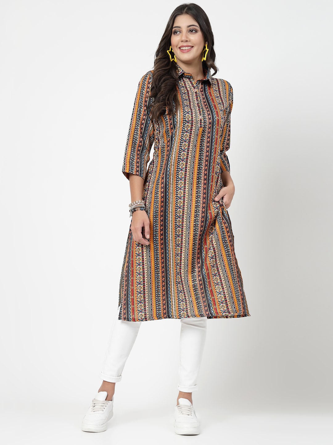 

KALINI Striped Shirt Collar Straight Pure Cotton Kurta, Yellow