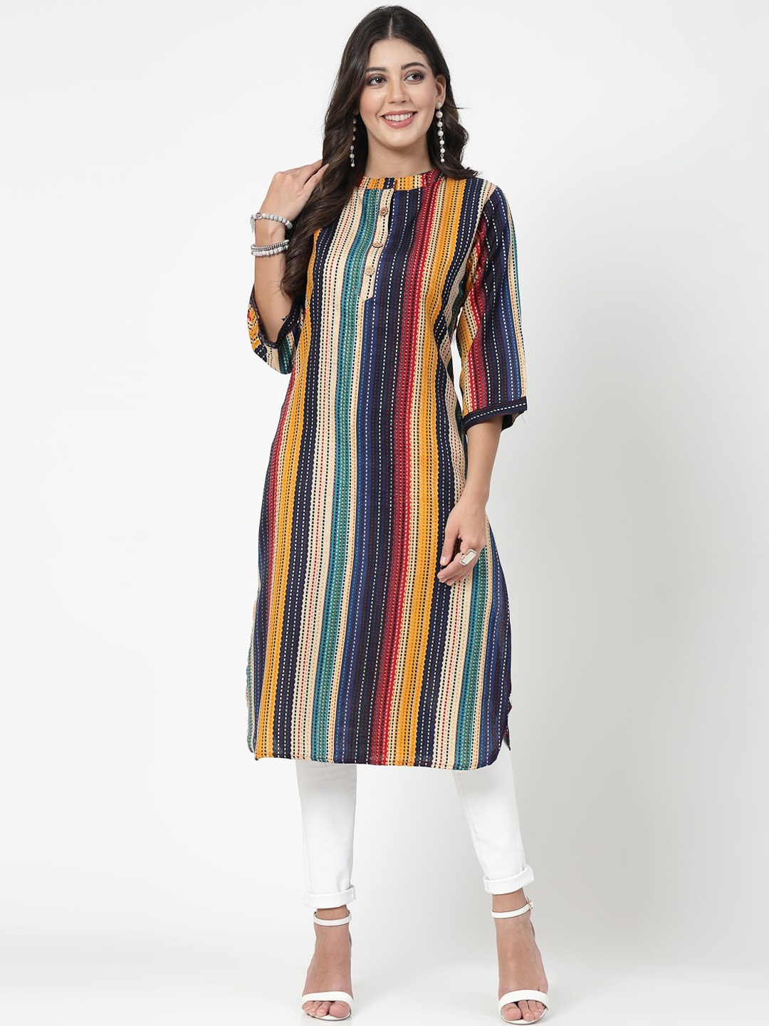 

KALINI Striped Mandarin Collar Cotton Straight Kurta, Blue