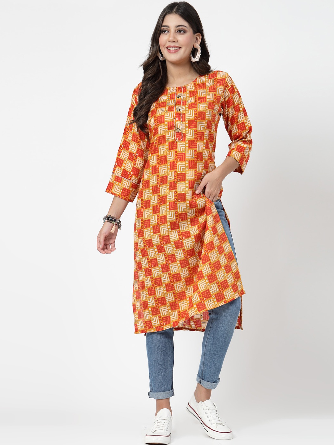 

KALINI Ethnic Motifs Printed Round Neck Pure Cotton Regular Straight Kurta, Orange