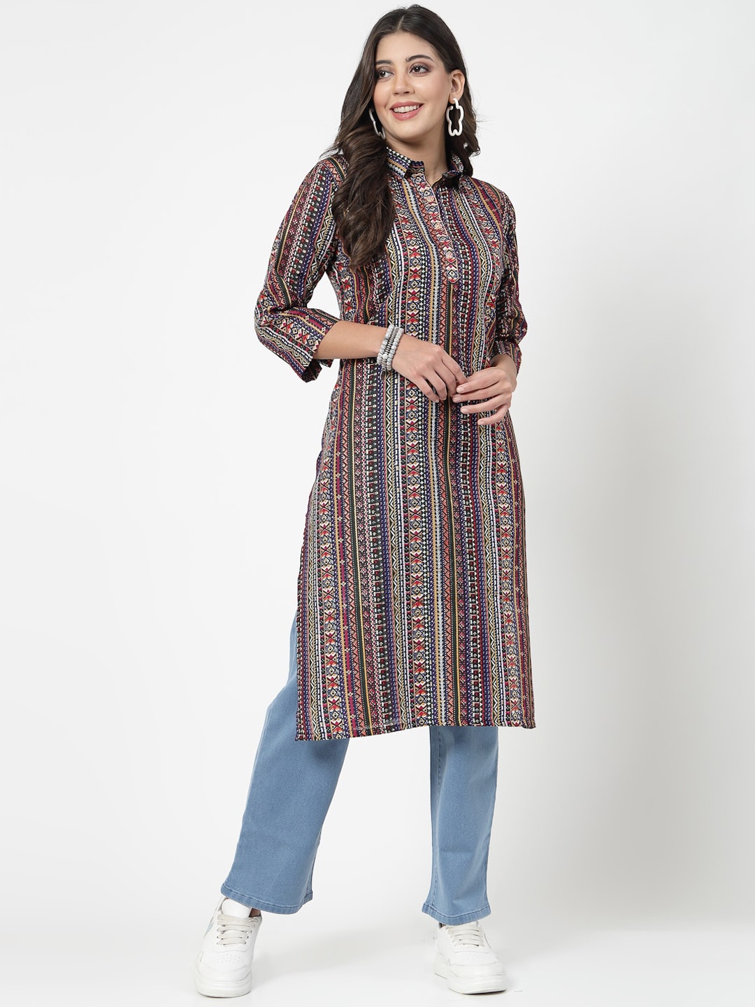

KALINI Striped Shirt Collar Straight Pure Cotton Kurta, Blue