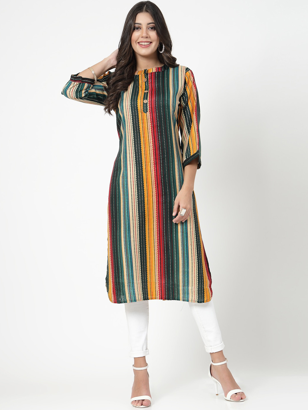 

KALINI Striped Mandarin Collar Straight Pure Cotton Kurta, Green