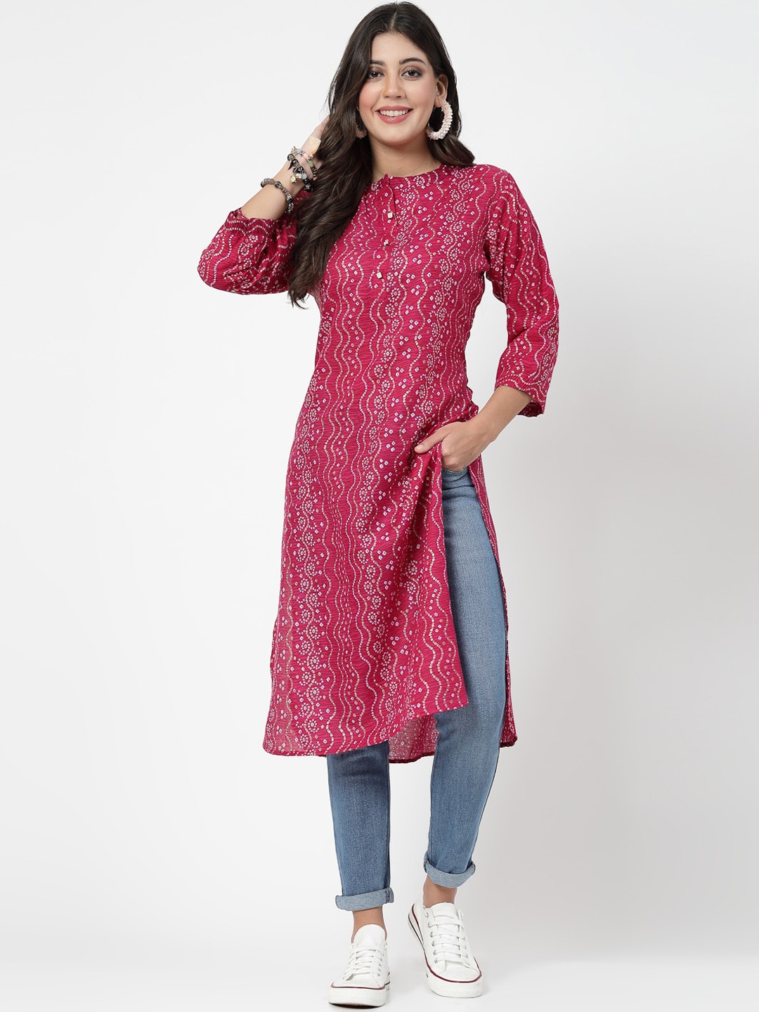 

KALINI Ethnic Motifs Printed Mandarin Collar Regular Straight Kurta, Pink