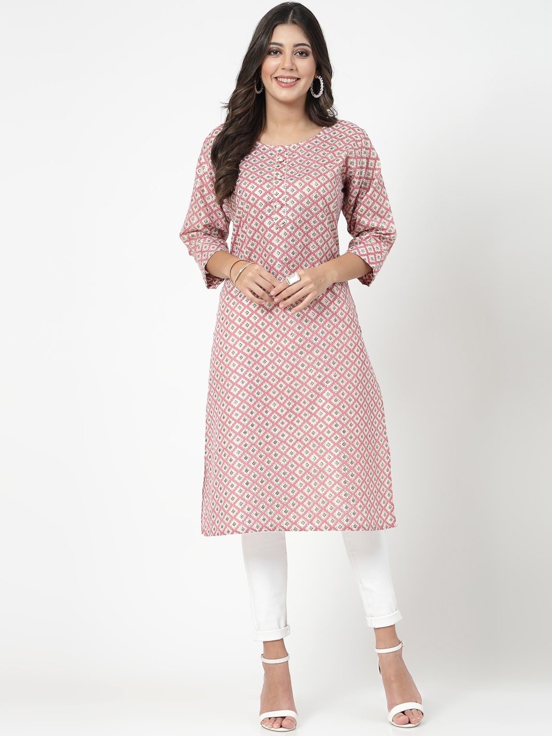 

KALINI Women Ethnic Motifs Printed Straight Pure Cotton Kurta, Pink