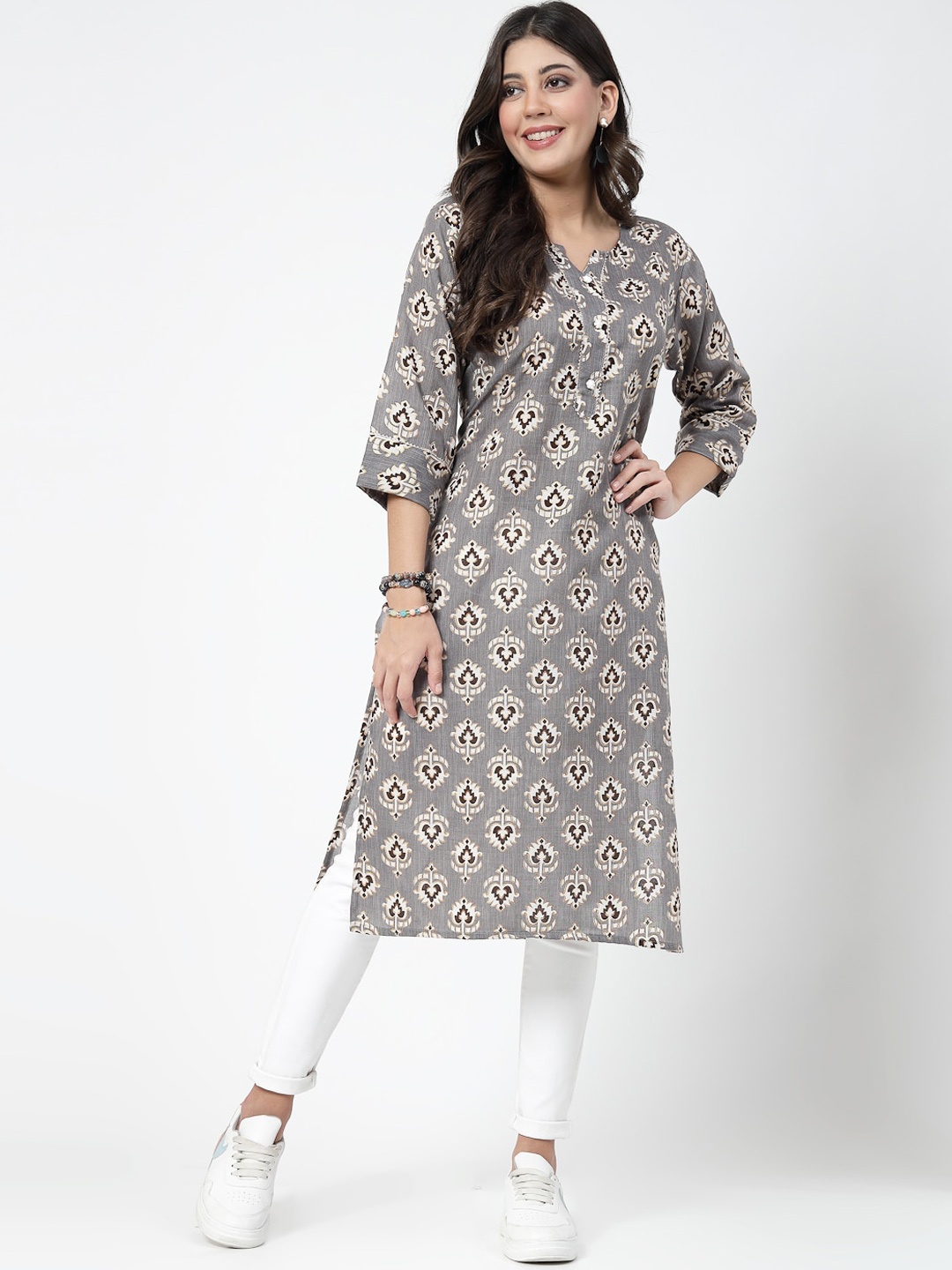 

KALINI Ethnic Motifs Printed Straight Pure Cotton Kurta, Grey