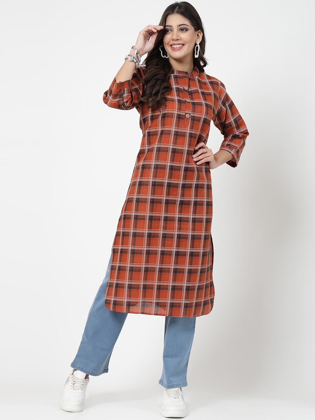 

KALINI Checked Mandarin Collar Cotton Straight Kurta, Red