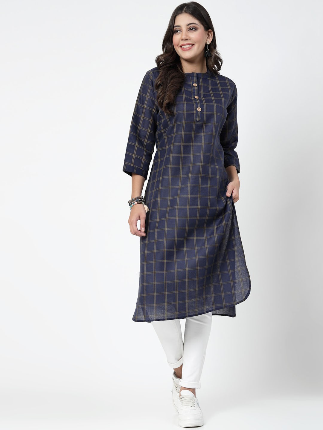 

KALINI Checked Mandarin Collar Cotton Straight Kurta, Blue