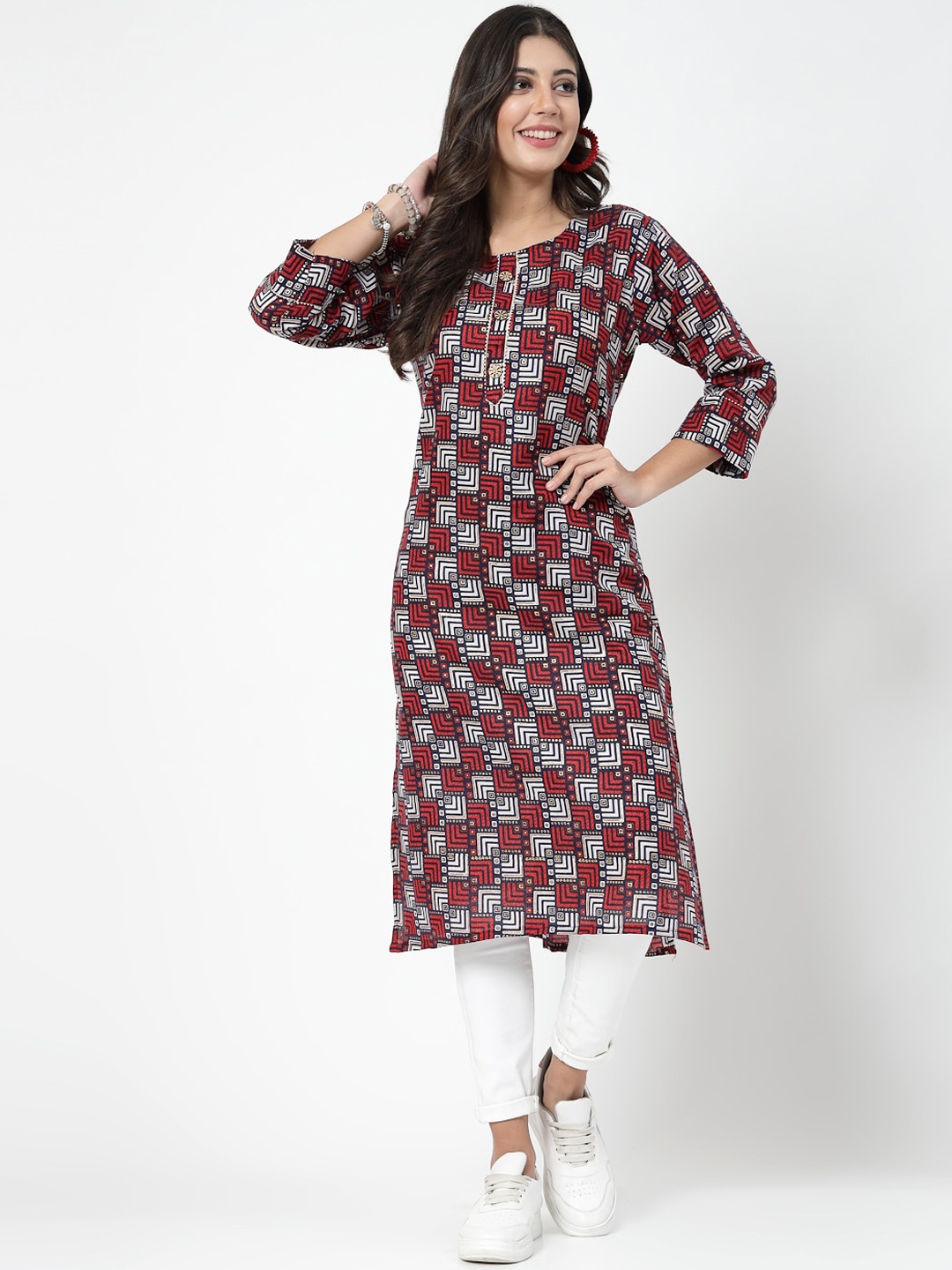 

KALINI Ethnic Motifs Printed Gotta Patti Cotton Straight Kurta, Maroon