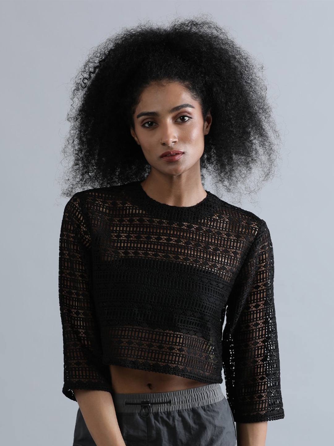 

Bene Kleed Self Design Semi Sheer Crop Top, Black