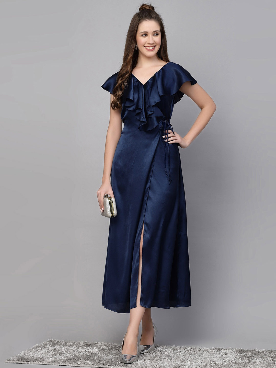 

Selvia Flutter Sleeves Satin Wrap Maxi Dress, Navy blue