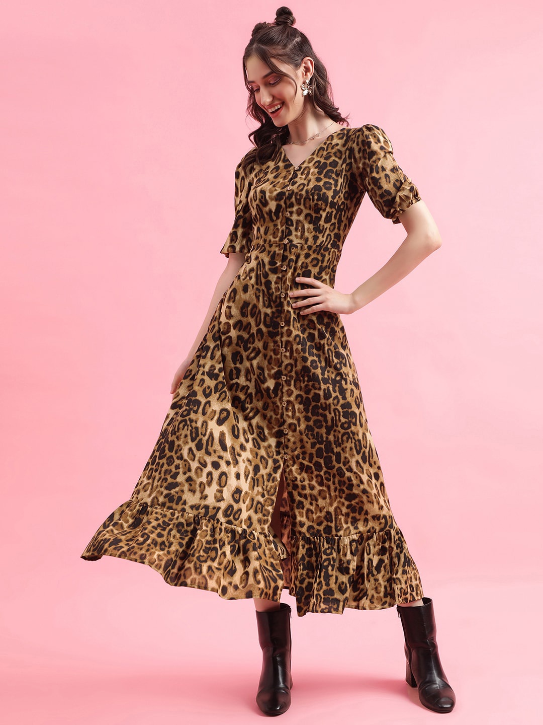 

Selvia Animal Printed V-Neck Puff Sleeves Tiered Detail Flared Maxi Dress, Brown