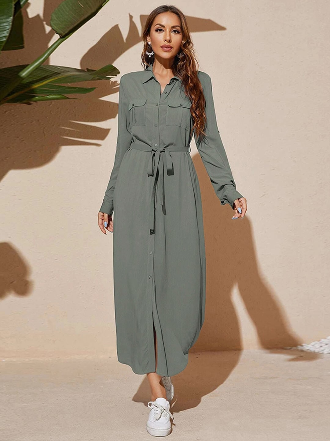 

Selvia Shirt Collar Cuffed Sleeves Tie-Ups Shirt Maxi Dress, Grey