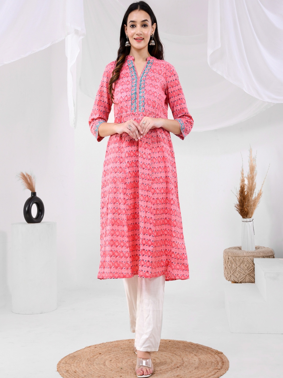 

Aspriya Ethnic Motifs Block Printed Mandarin Collar Panelled Cotton A-Line Kurta, Pink