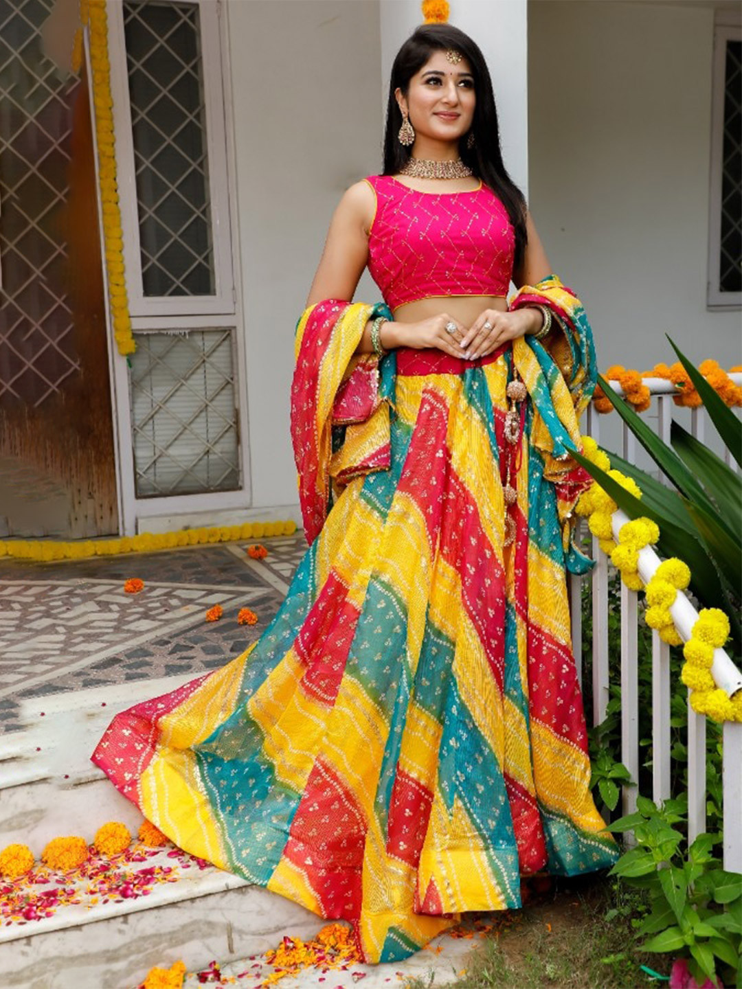 

Indi INSIDE Embroidered Foil Print Ready to Wear Lehenga & Unstitched Blouse With Dupatta, Multi
