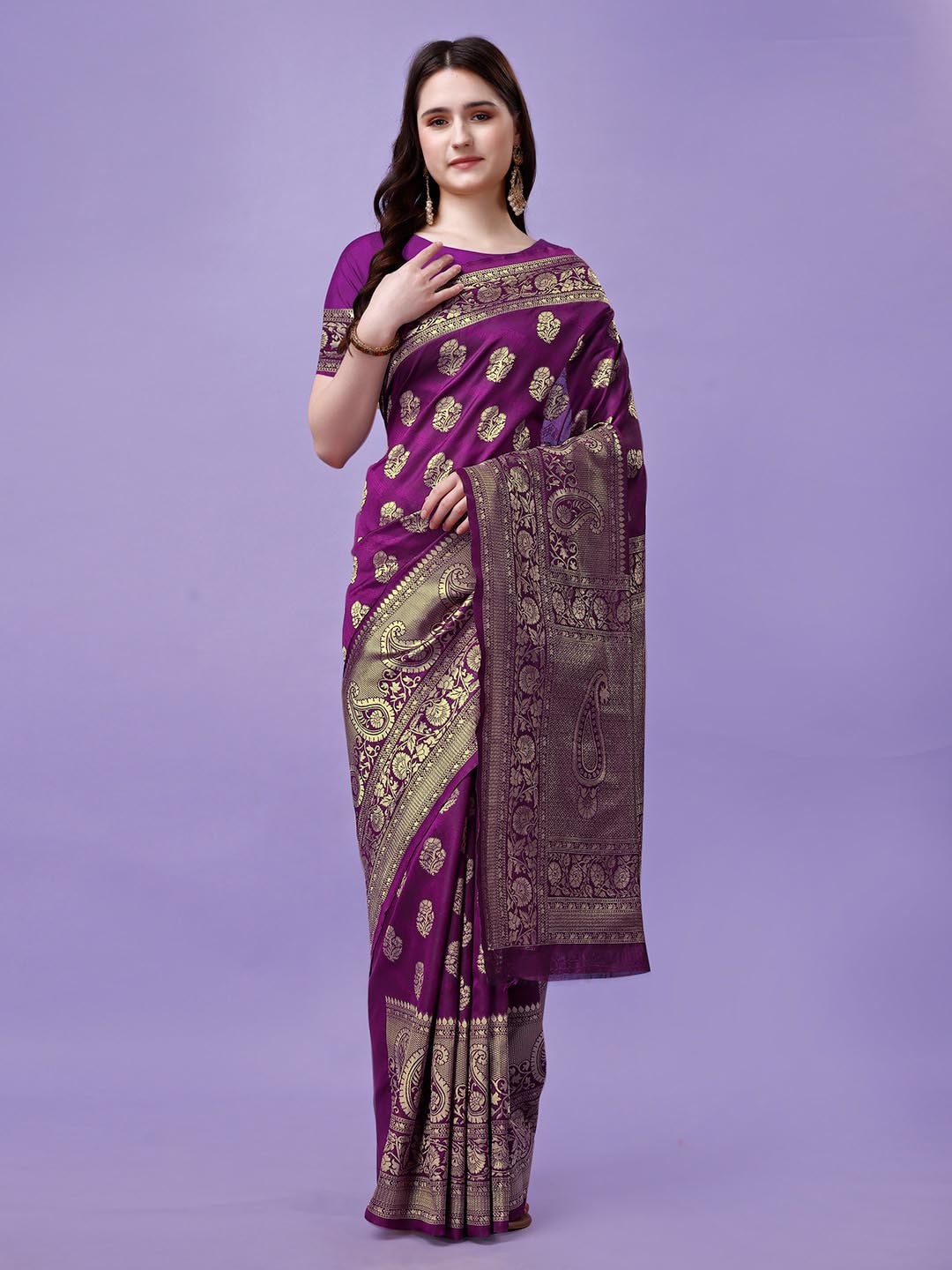 

Leelavati Ethnic Motifs Woven Design Zari Detail Pure Silk Kanjeevaram Saree, Purple