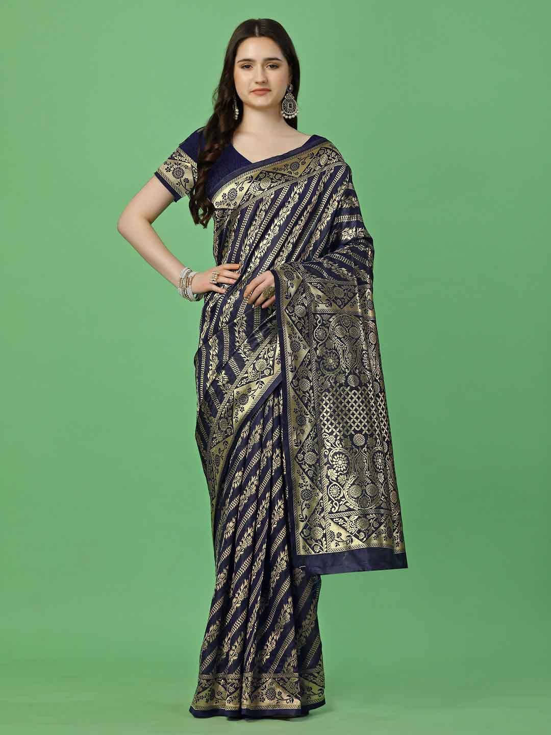 

Leelavati Ethnic Motifs Woven Design Zari Detail Pure Silk Kanjeevaram Saree, Navy blue