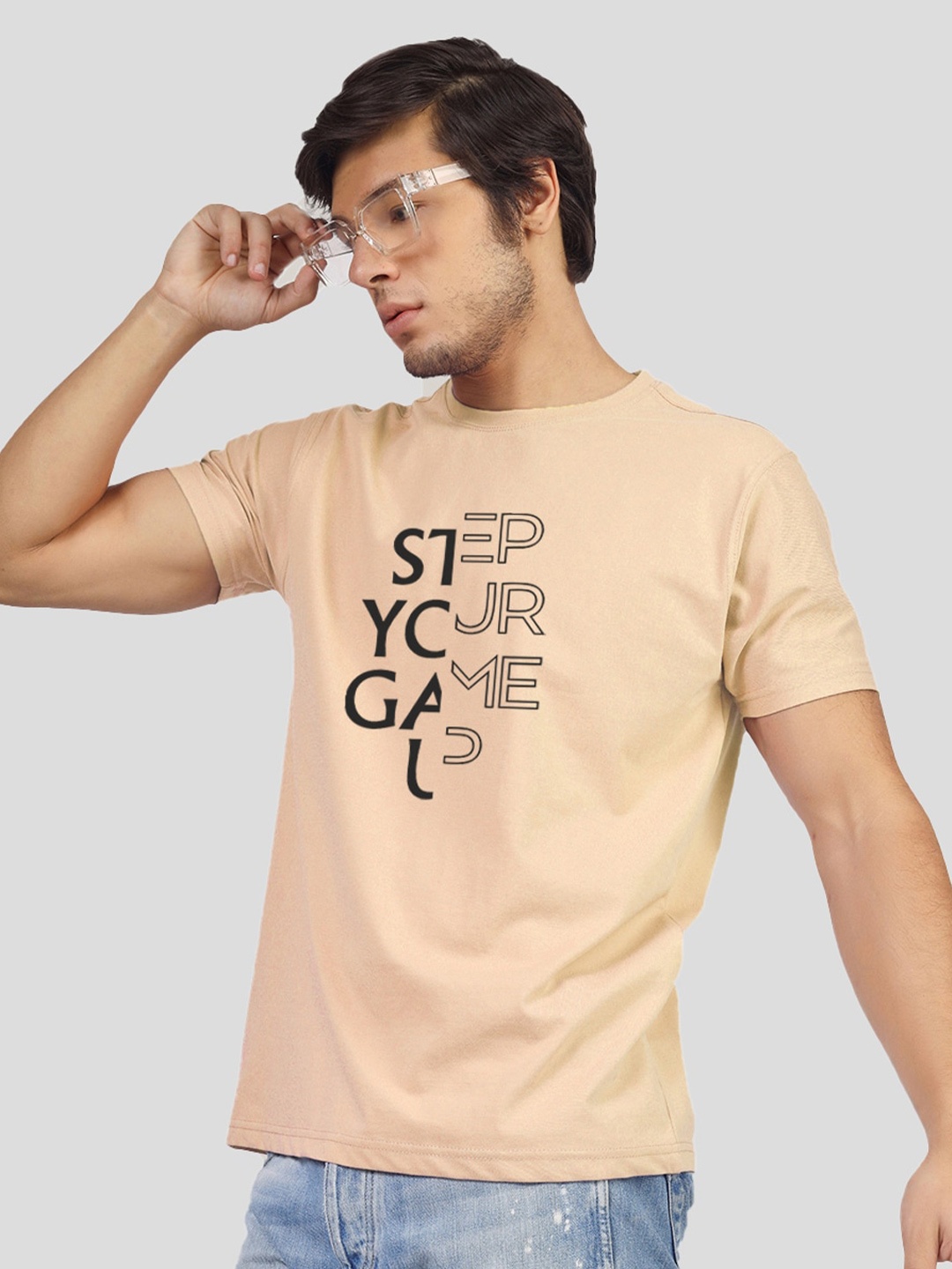 

Greylongg Typography Printed Round neck T-shirt, Beige