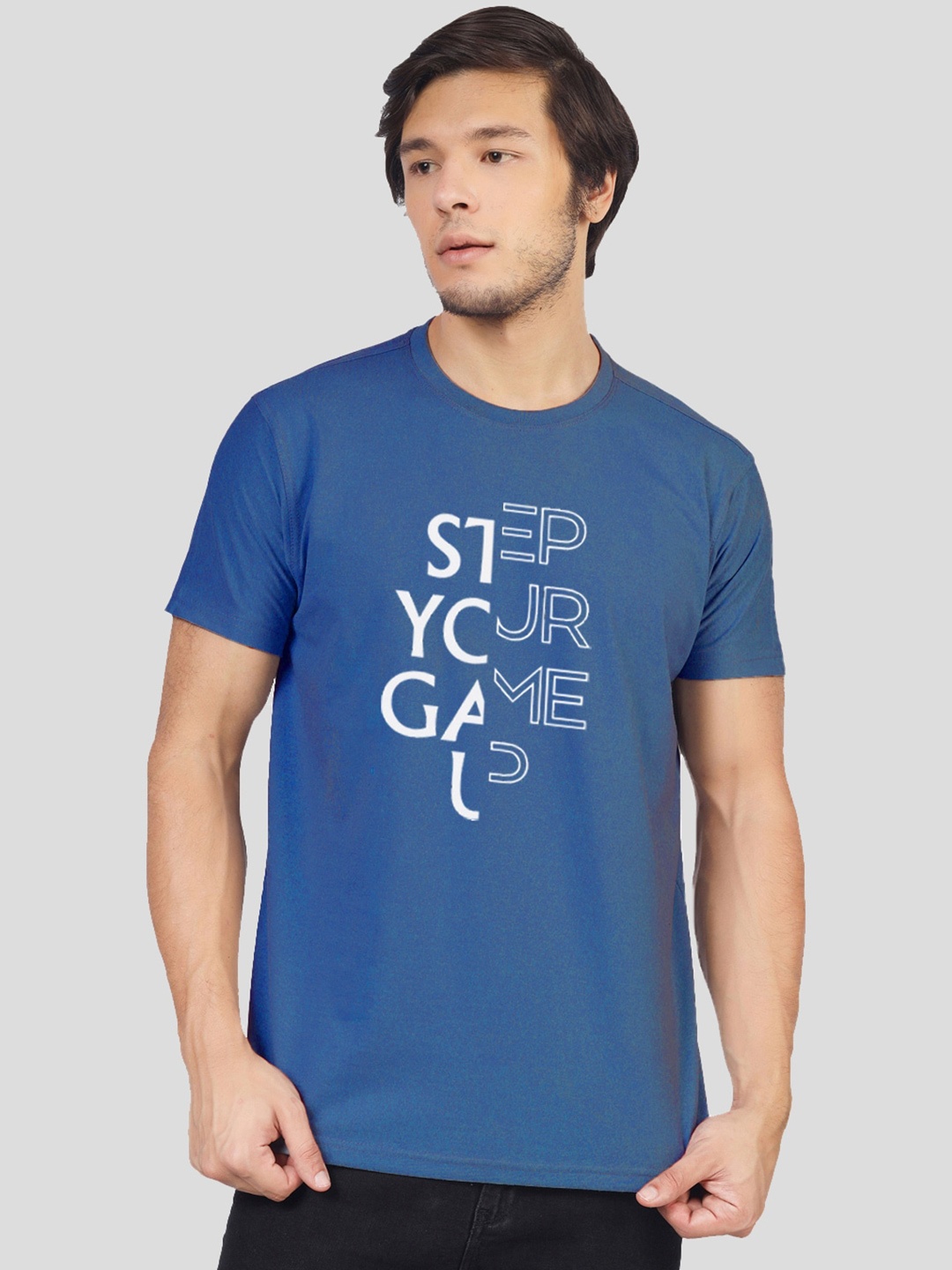 Greylongg Typography Printed Round neck T-shirt, Blue