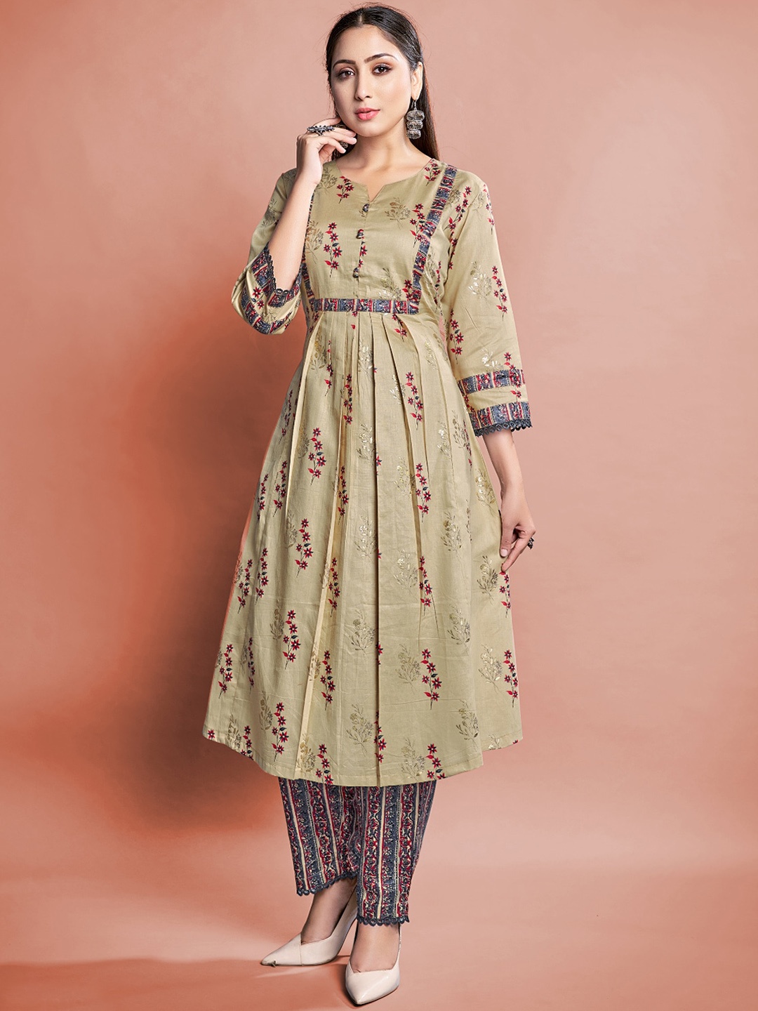 

Mitera Floral Printed Regular Pure Cotton Kurta With Trouser, Beige