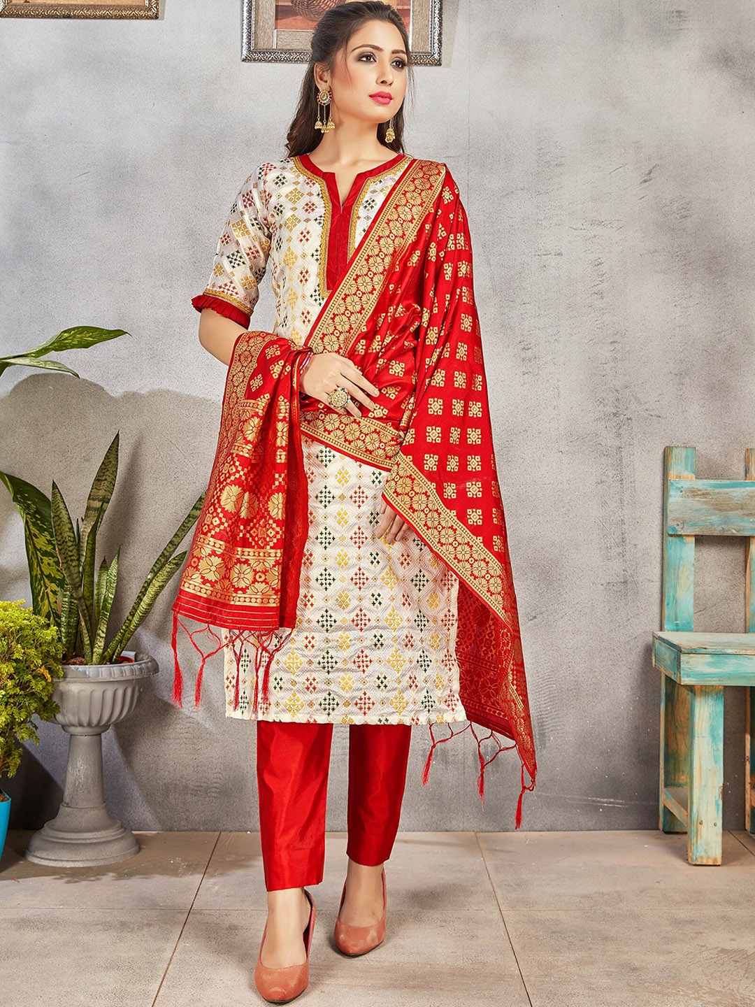 

Mitera Beige Ethnic Motifs Printed Notched Neck Straight Kurta with Trousers & Dupatta, Red
