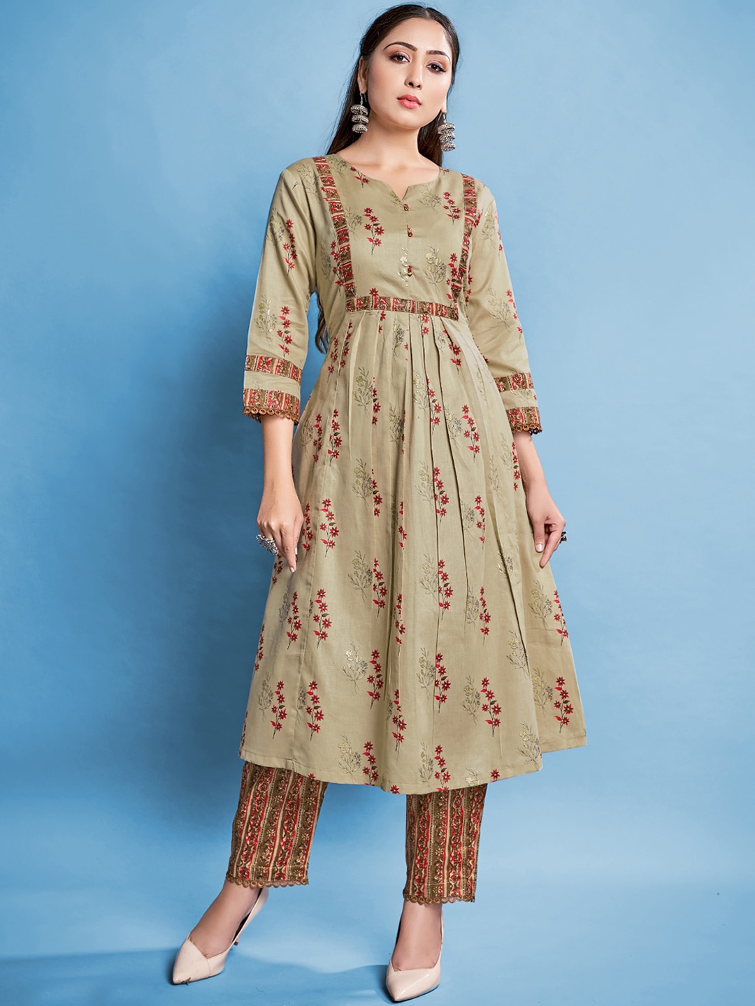 

Mitera Floral Printed Empire Art Silk Kurta With Trouser, Navy blue