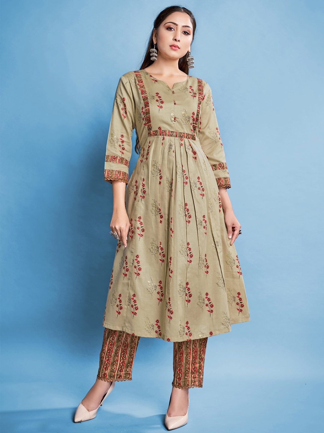 Mitera Brown Floral Printed Empire Pure Cotton Anarkali Kurta with Trousers