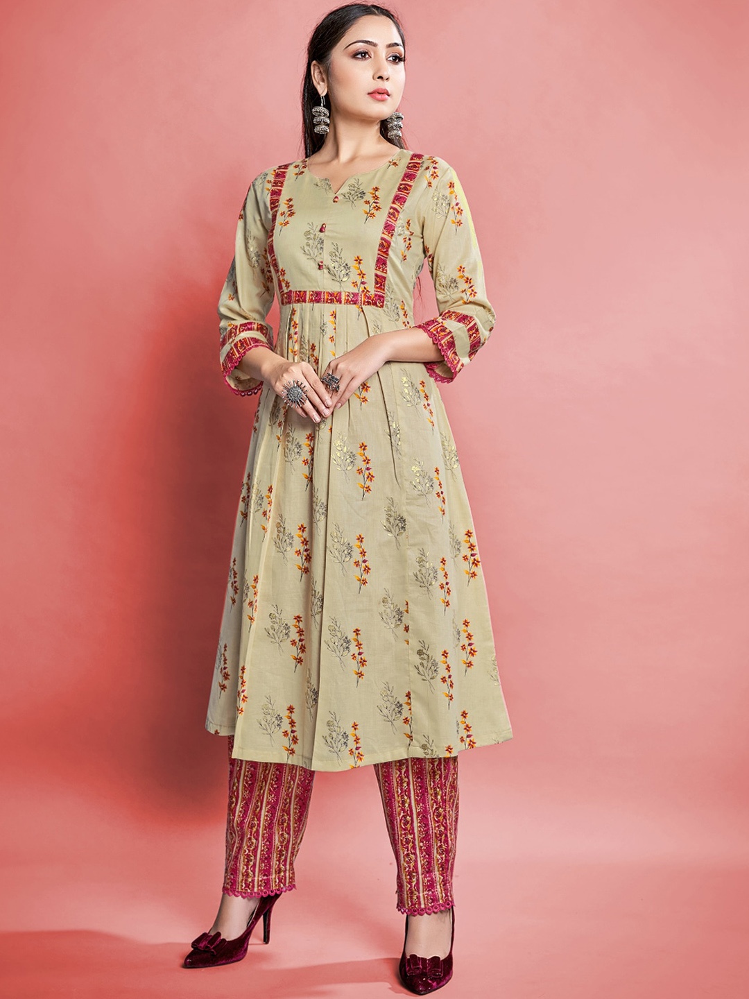 

Mitera Beige Floral Printed Notched Neck Pure Cotton A-Line Kurta with Trousers