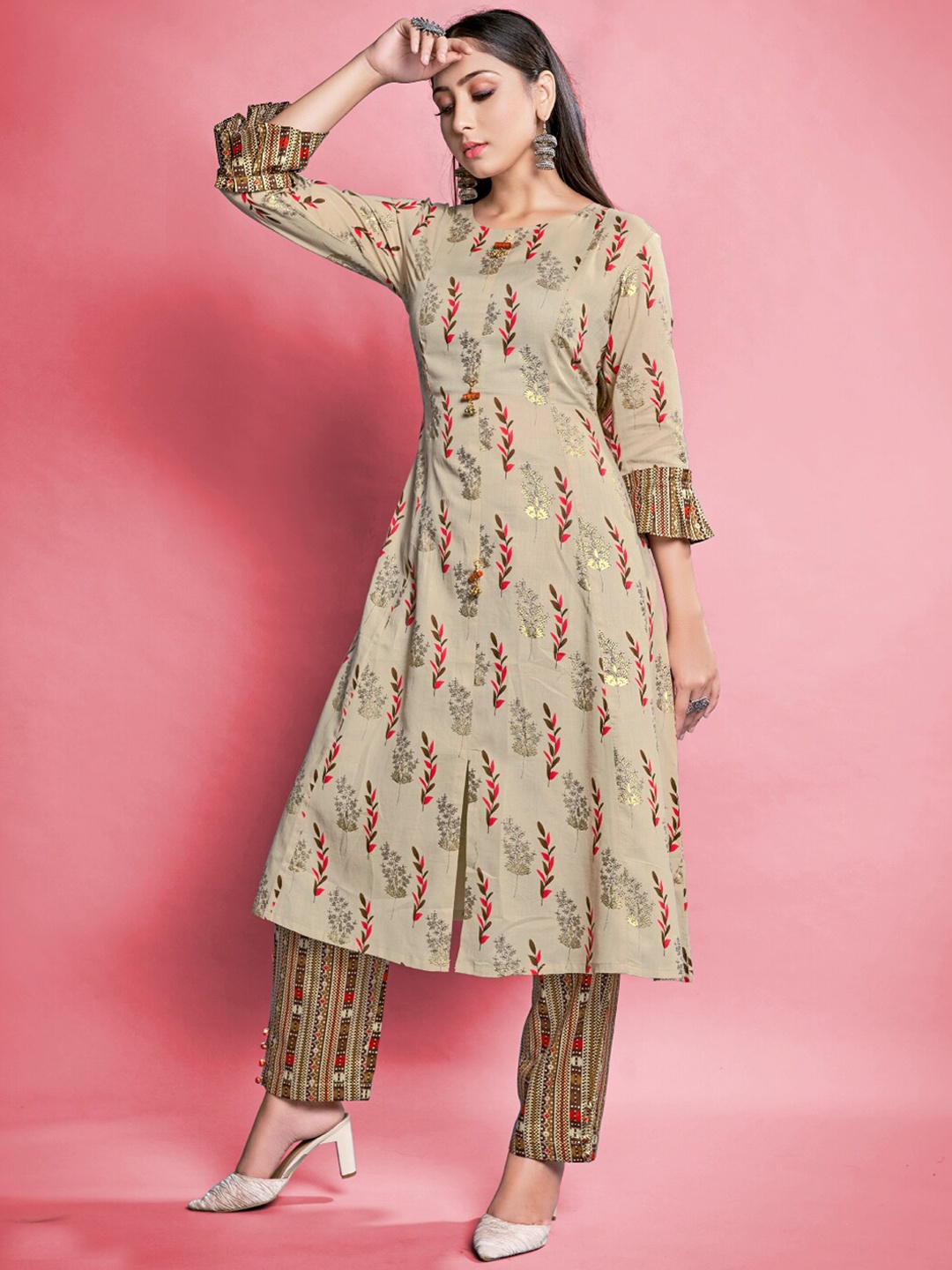 

Mitera Floral Printed Regular Pure Cotton Kurta With Trouser, Beige