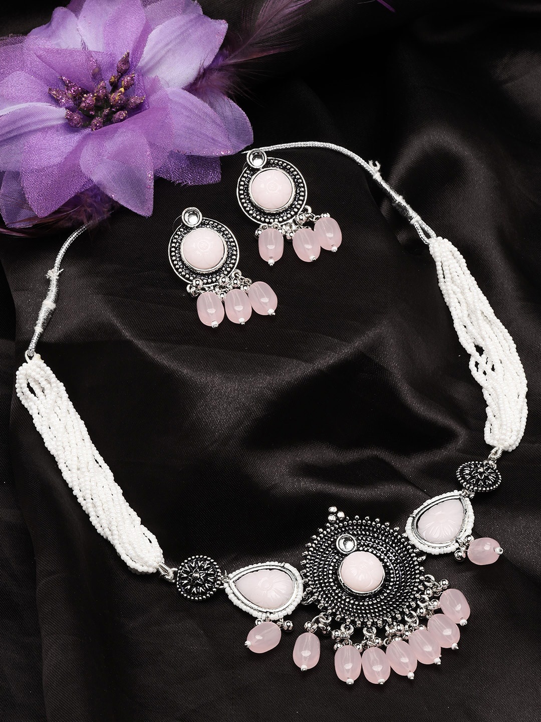 

ADIVA Oxidised Silver Plated Stone Studded Jewellery Set