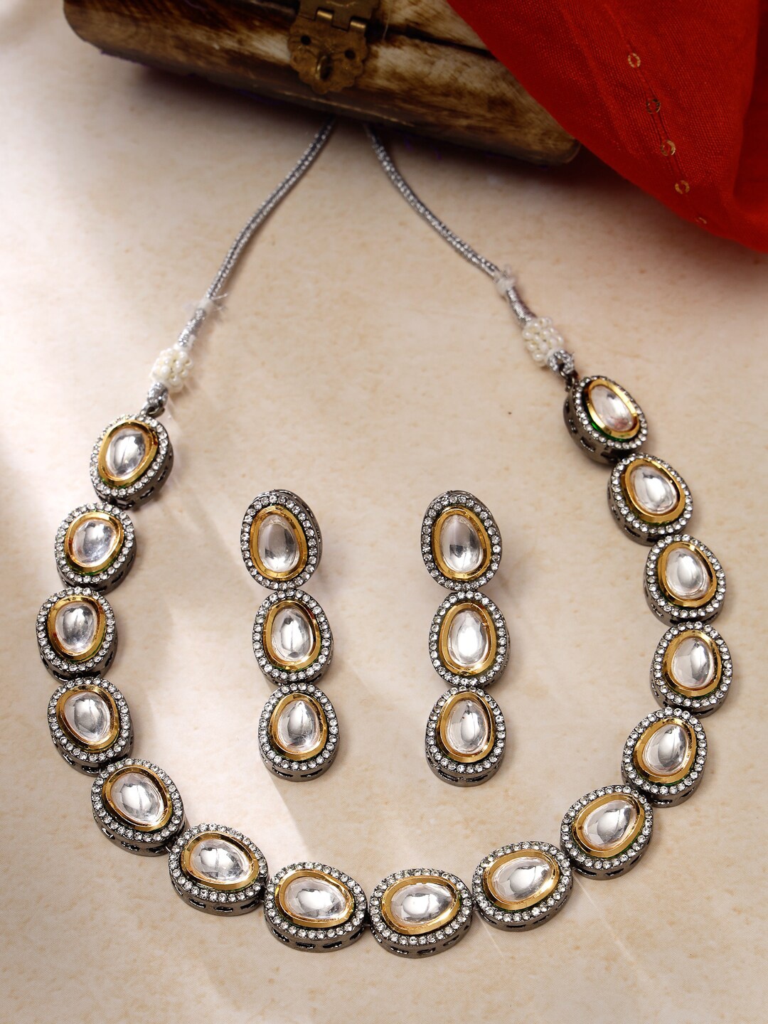 

ADIVA Rhodium Plated Kundan & CZ-Studded Jewellery Set, Silver