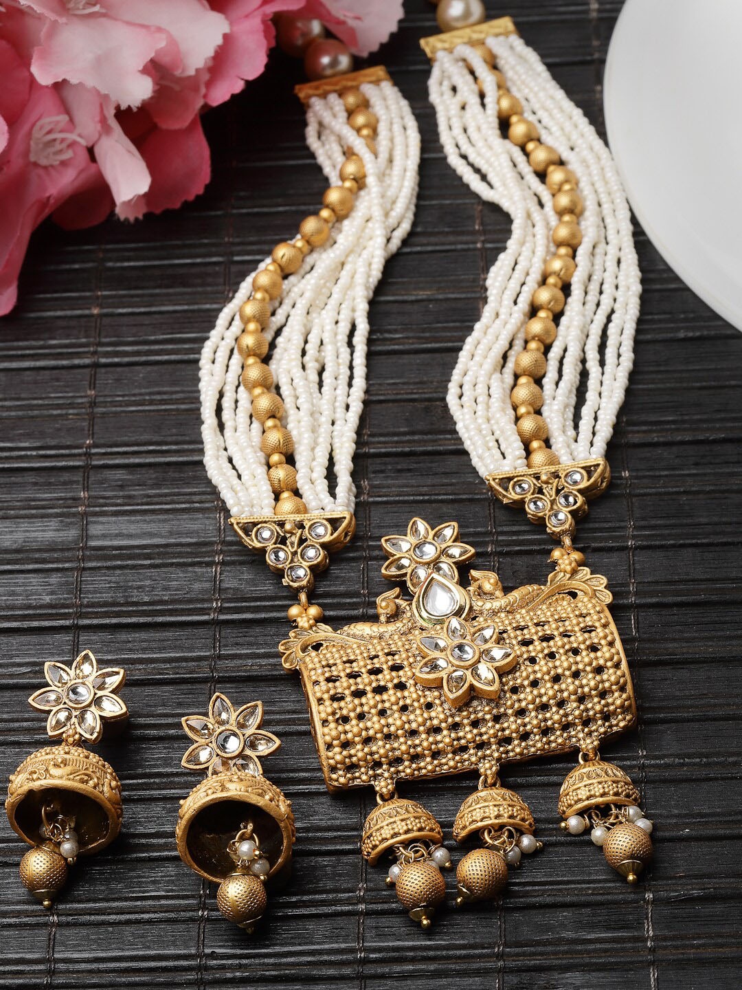 

ADIVA Gold-Plated Stone-Studded & Beaded Necklace & Earrings