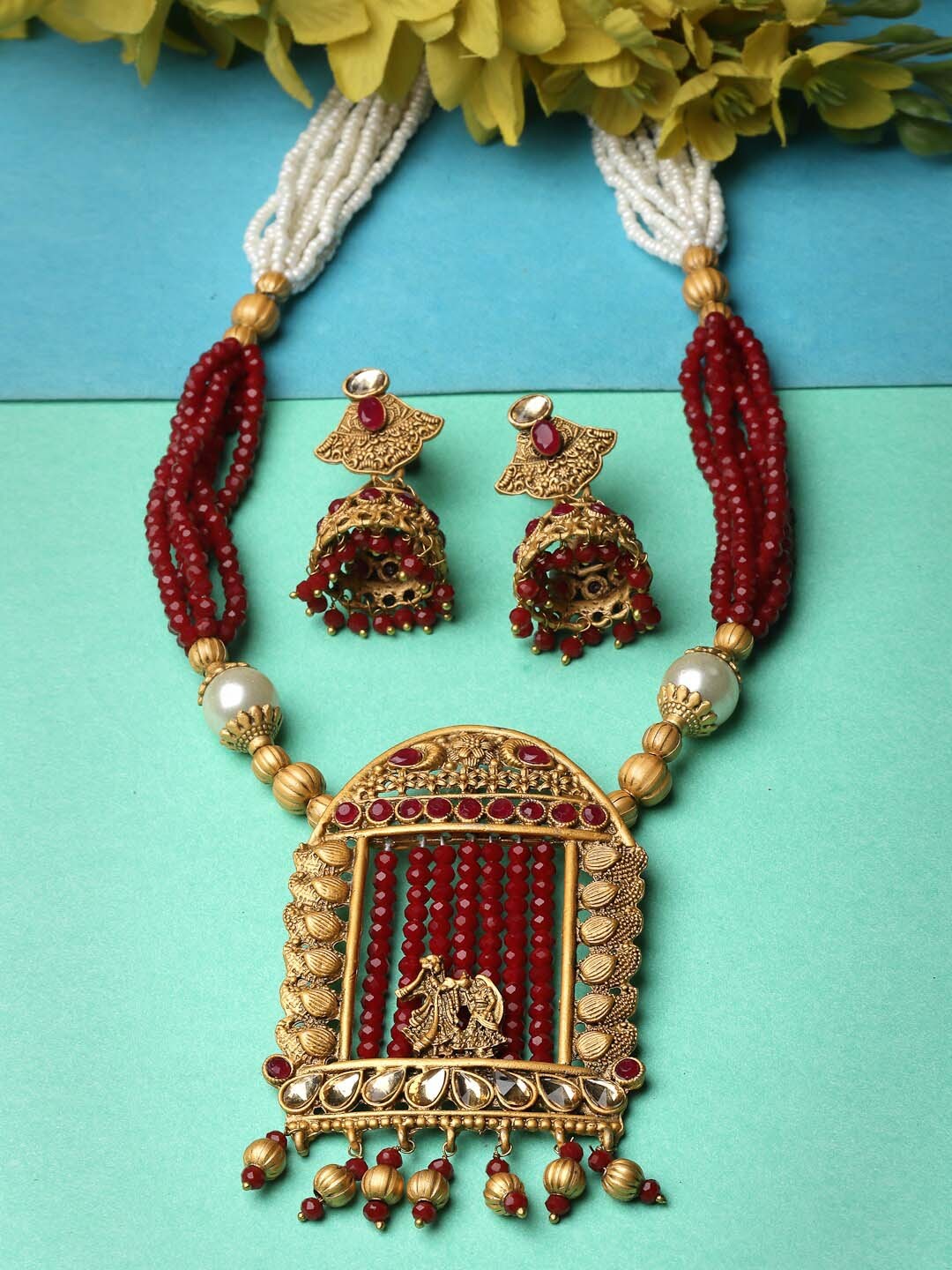 

ADIVA Gold-Plated Stone-Studed & Beaded Necklace & Earrings
