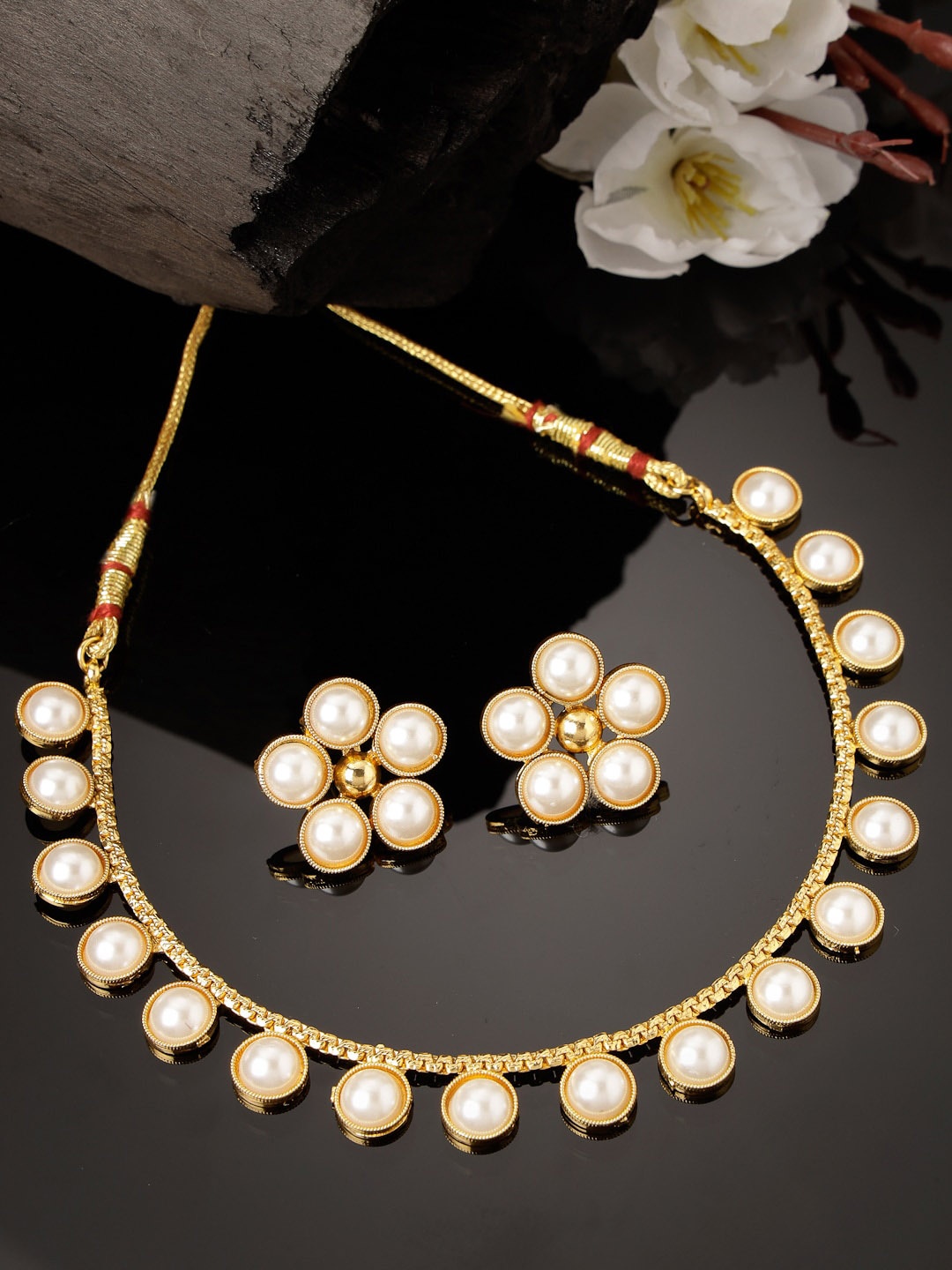 

ADIVA Gold-Plated Artificial-Stones Studded & Pearl Beaded Necklace & Earrings