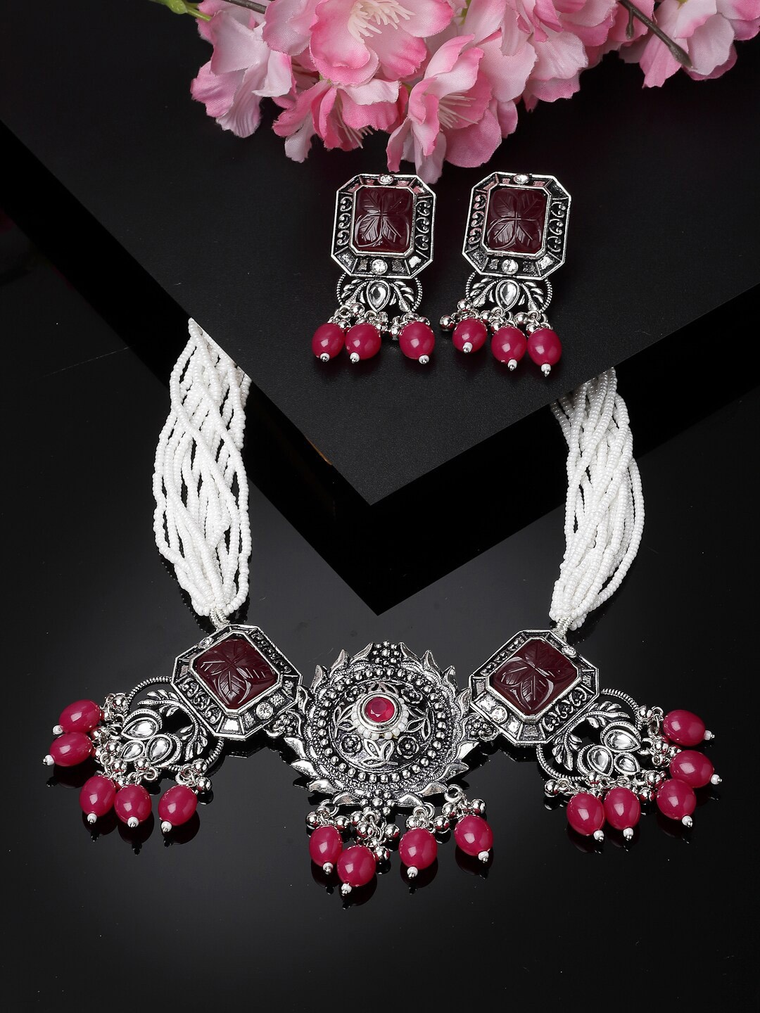 

ADIVA Silver-Plated Stones-Studded & Beaded Necklace & Earrings
