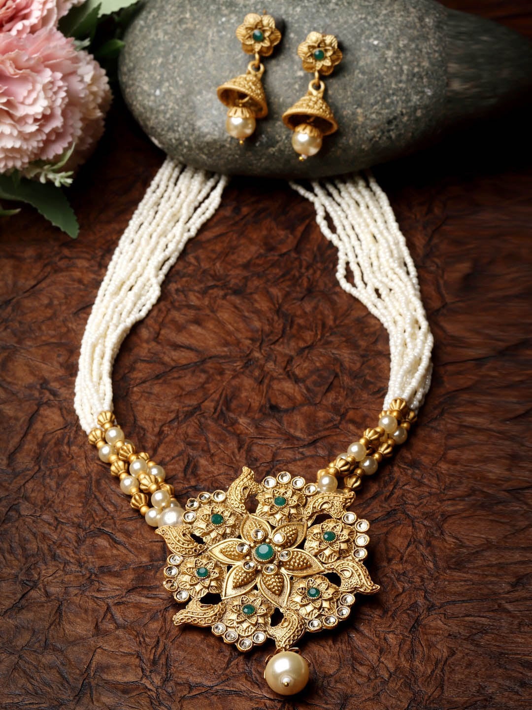 

ADIVA Gold-Plated Stone Studded & Beaded Jewellery Set