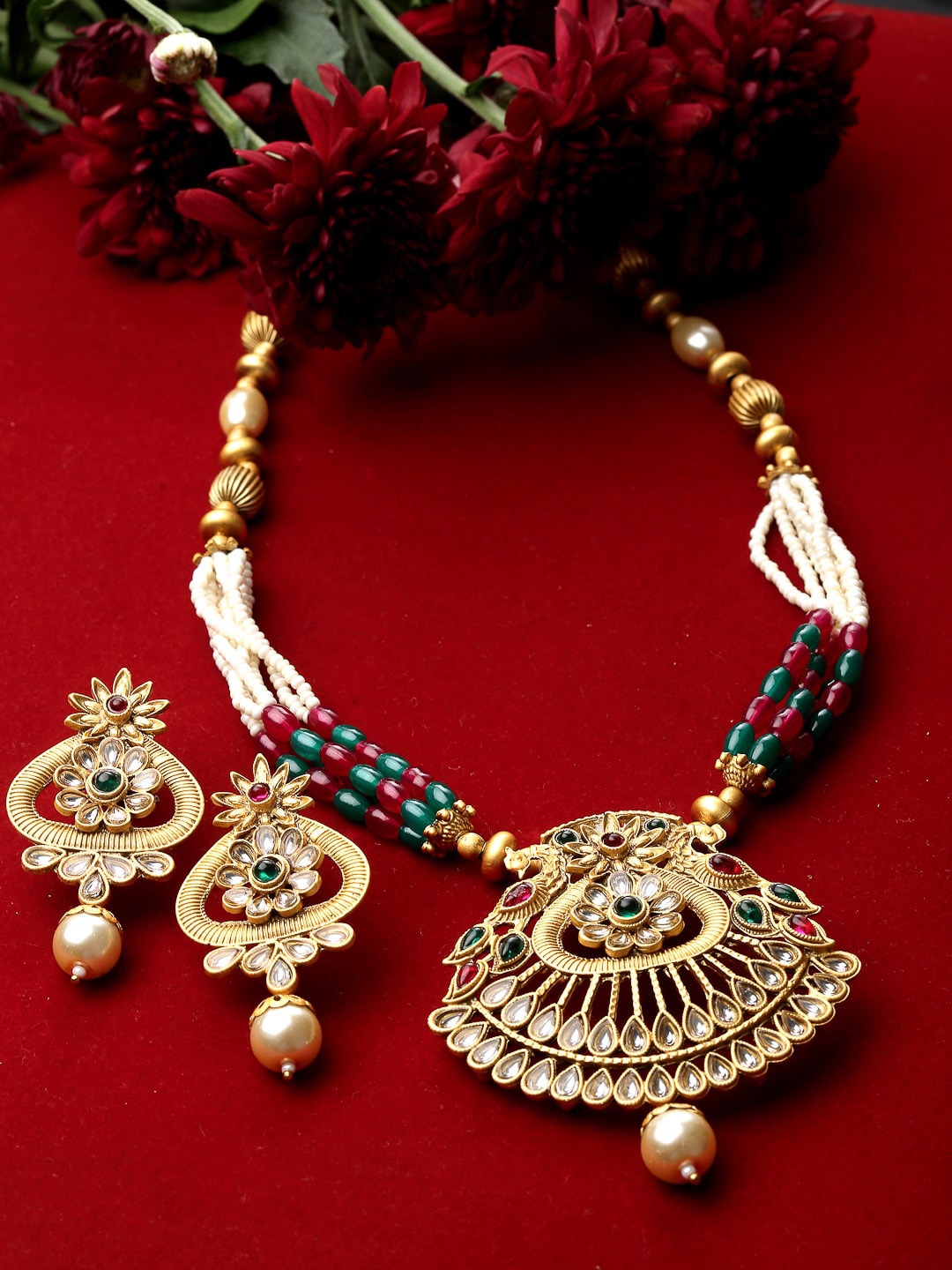

ADIVA Gold-Plated Kundan Studded & Beaded Jewellery Set