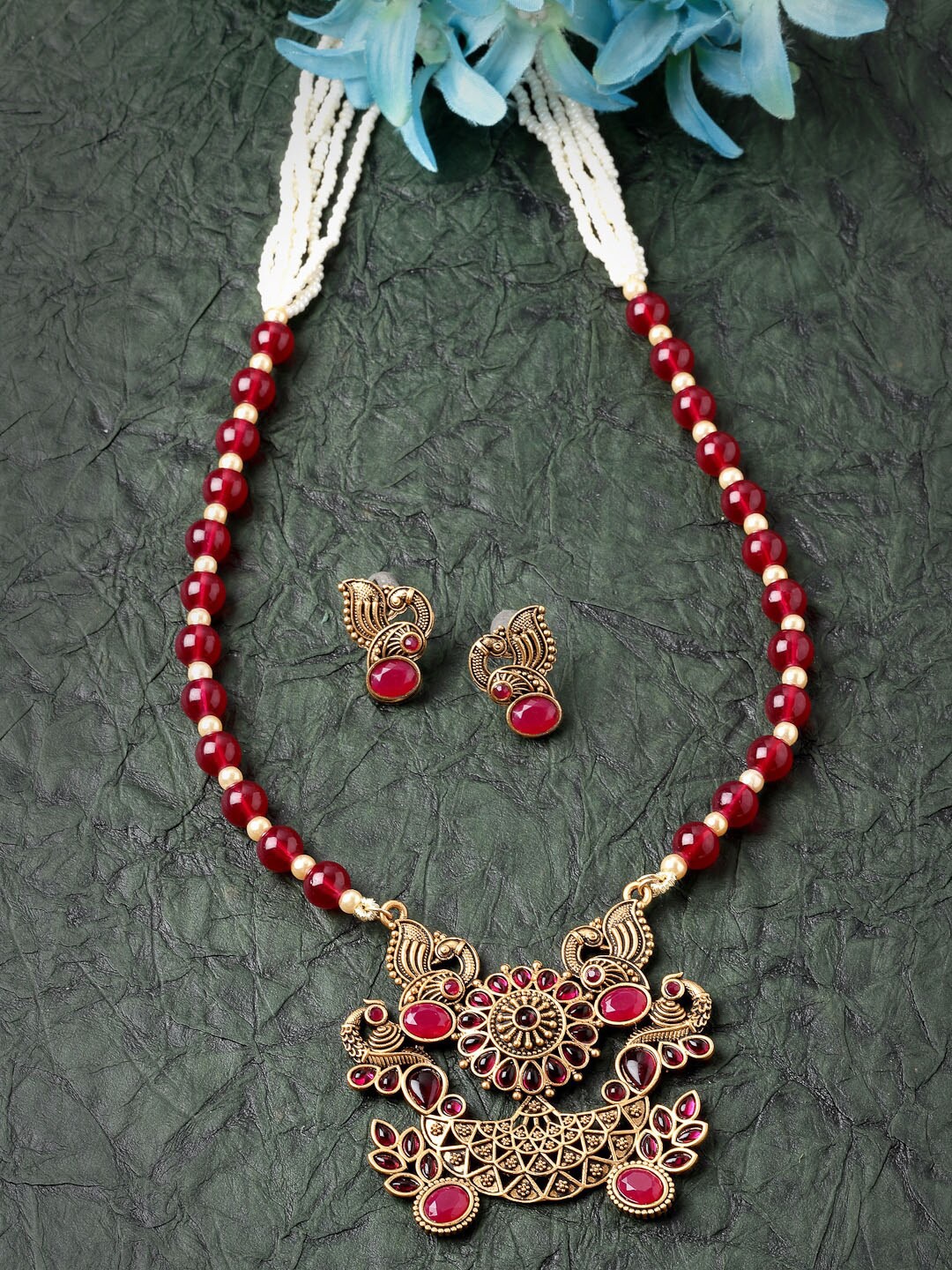 

ADIVA Gold-Plated Stone-Studded & Beaded Necklace With Earrings