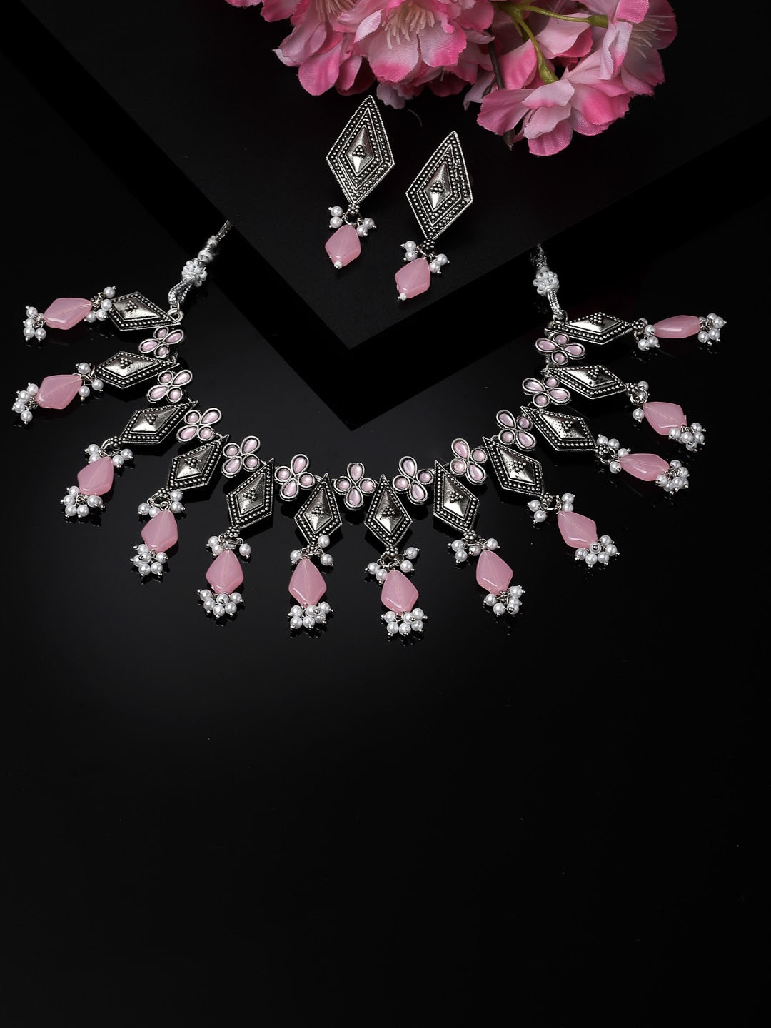 

ADIVA Silver-Plated Stones Studded & Beads Beaded Oxidised Necklace With Earrings