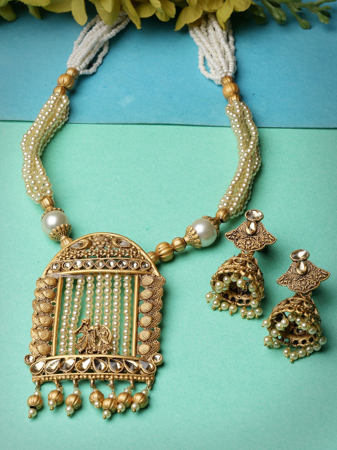 

ADIVA Gold-Plated Artificial-Stones Studded & Beads Beaded Jewellery Set