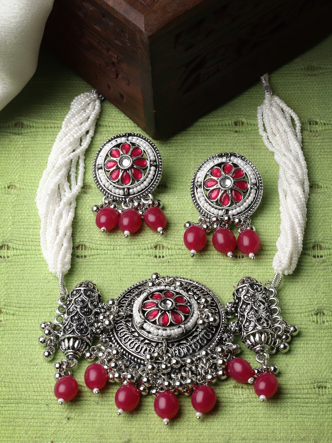 

ADIVA Silver-Plated Oxidised Artificial Stones Studded & Pearls Beaded Jewellery Set