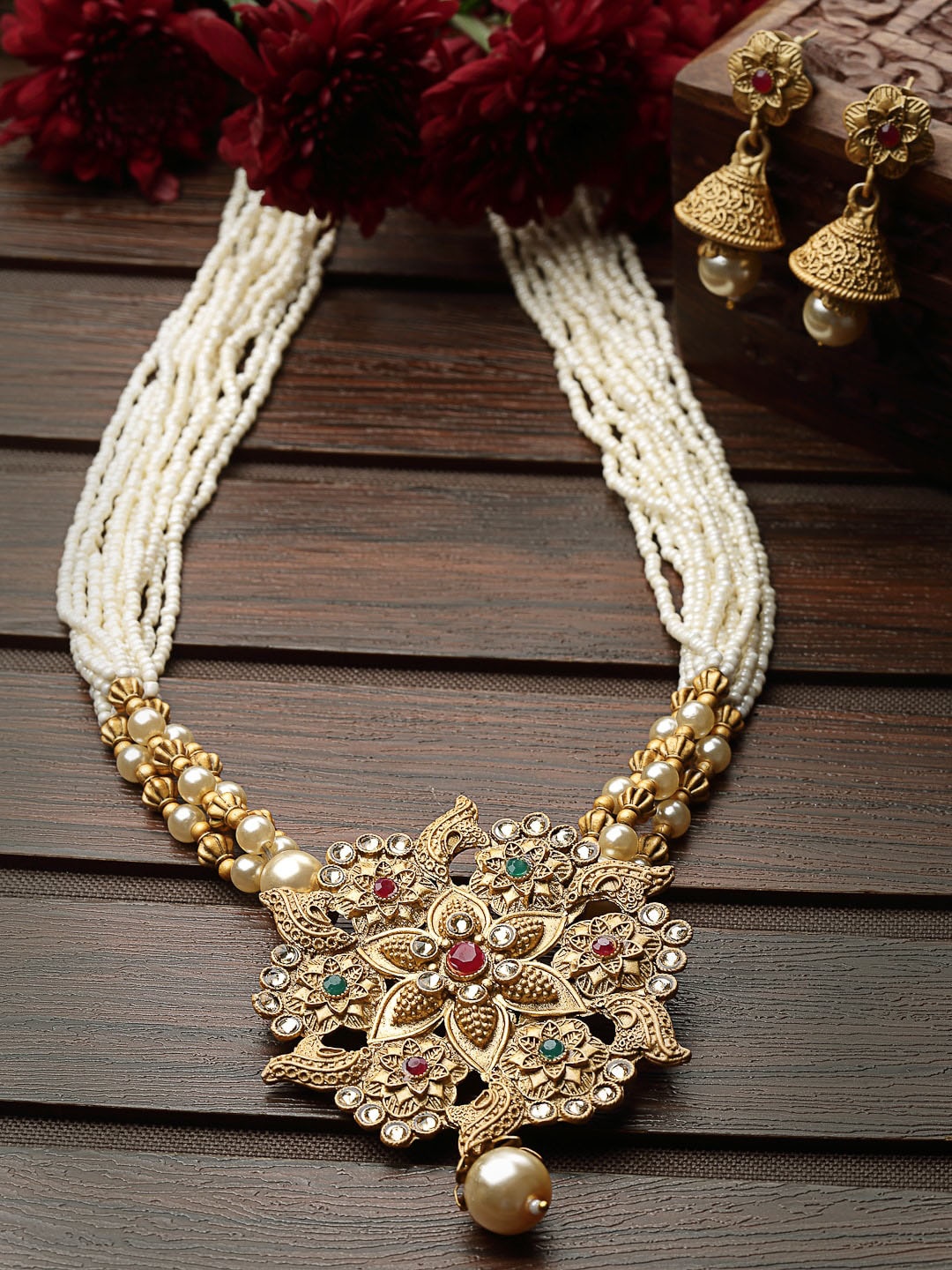 

ADIVA Gold-Plated Stone-Studded & Beaded Jewellery Set