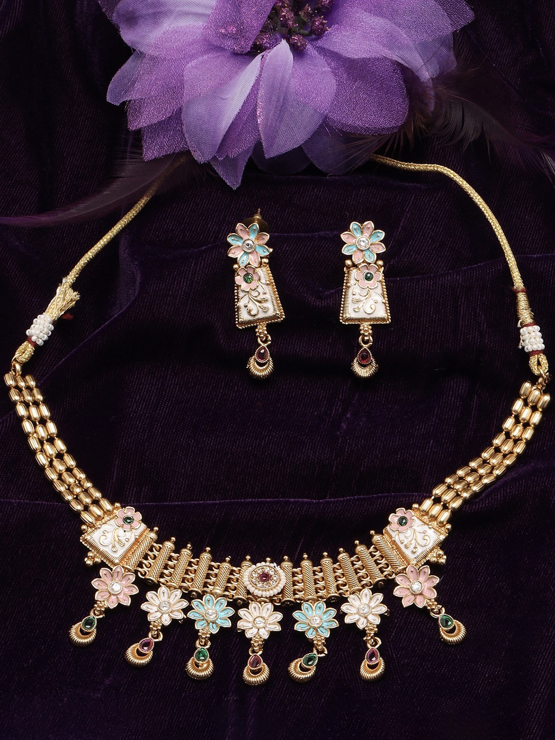 

ADIVA Gold-Plated Artificial-Stones Studded Necklace And Earrings