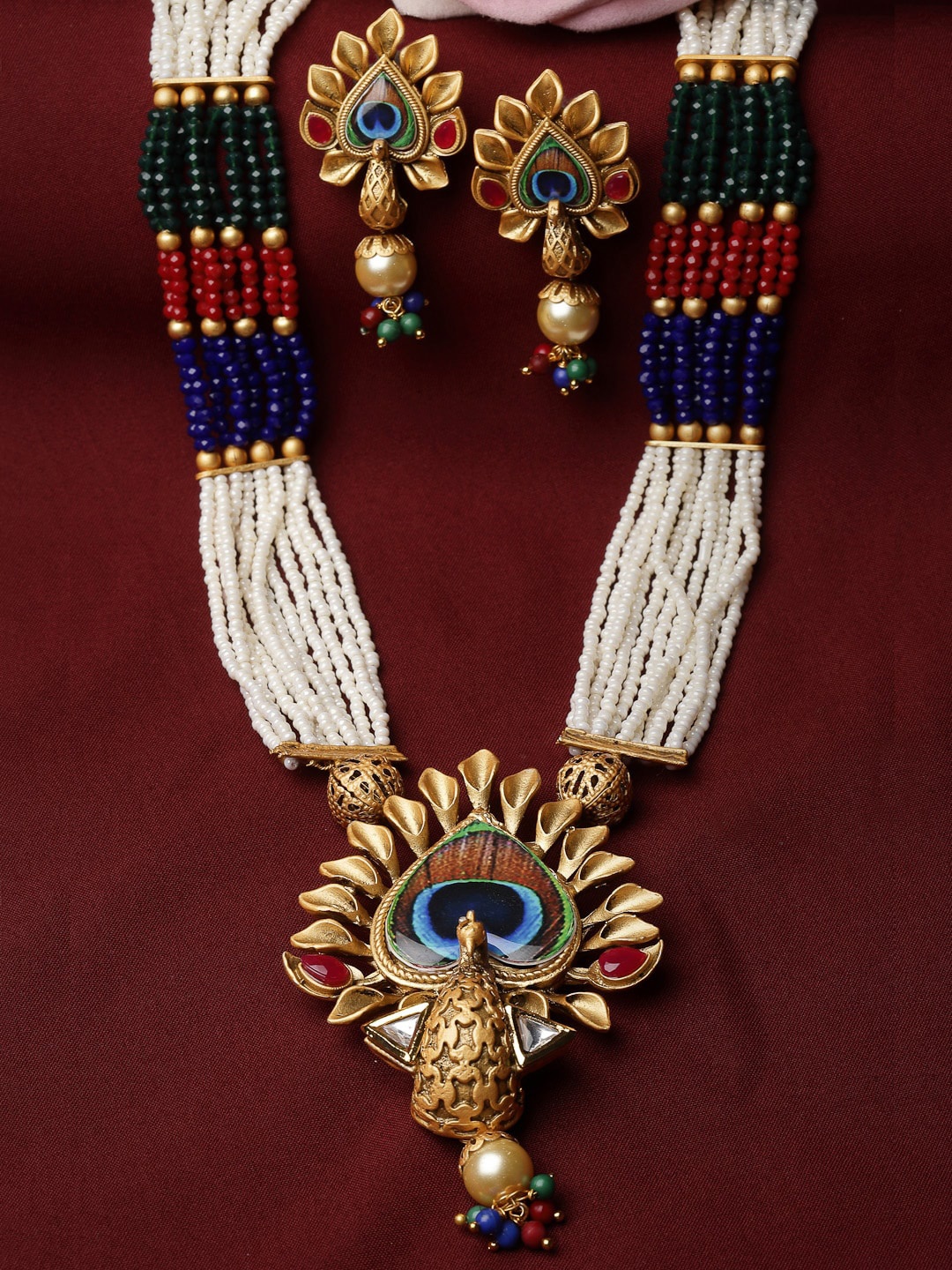 

ADIVA Gold-Plated Kundan-Stones Studded & Beaded Necklace And Earrings