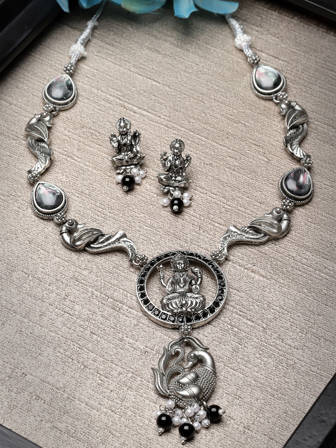 

ADIVA Silver Plated & Peacock Charm Oxidised Jewellery Set