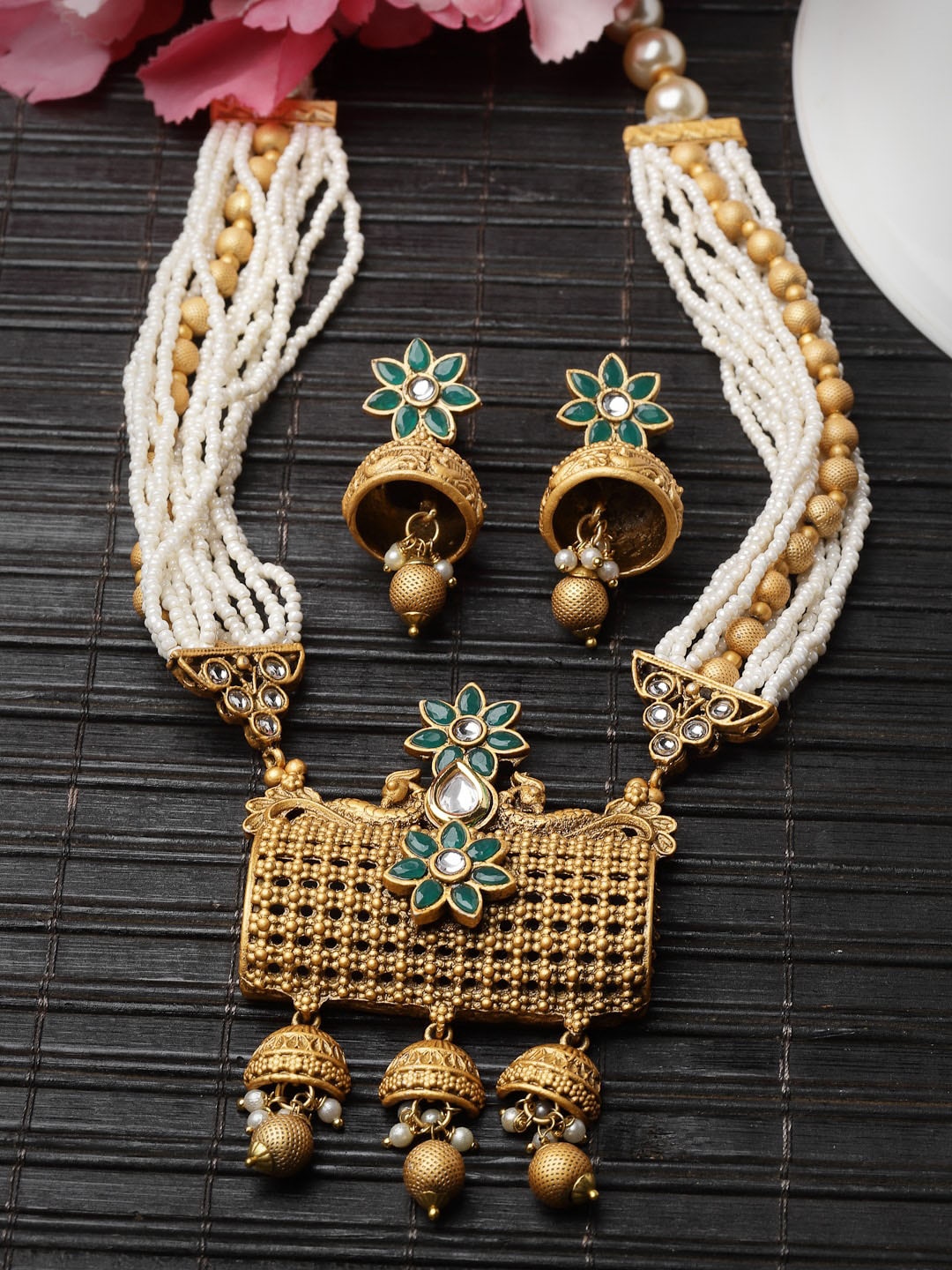 

ADIVA Gold Plated Stones Studded & Beaded Jewellery Set