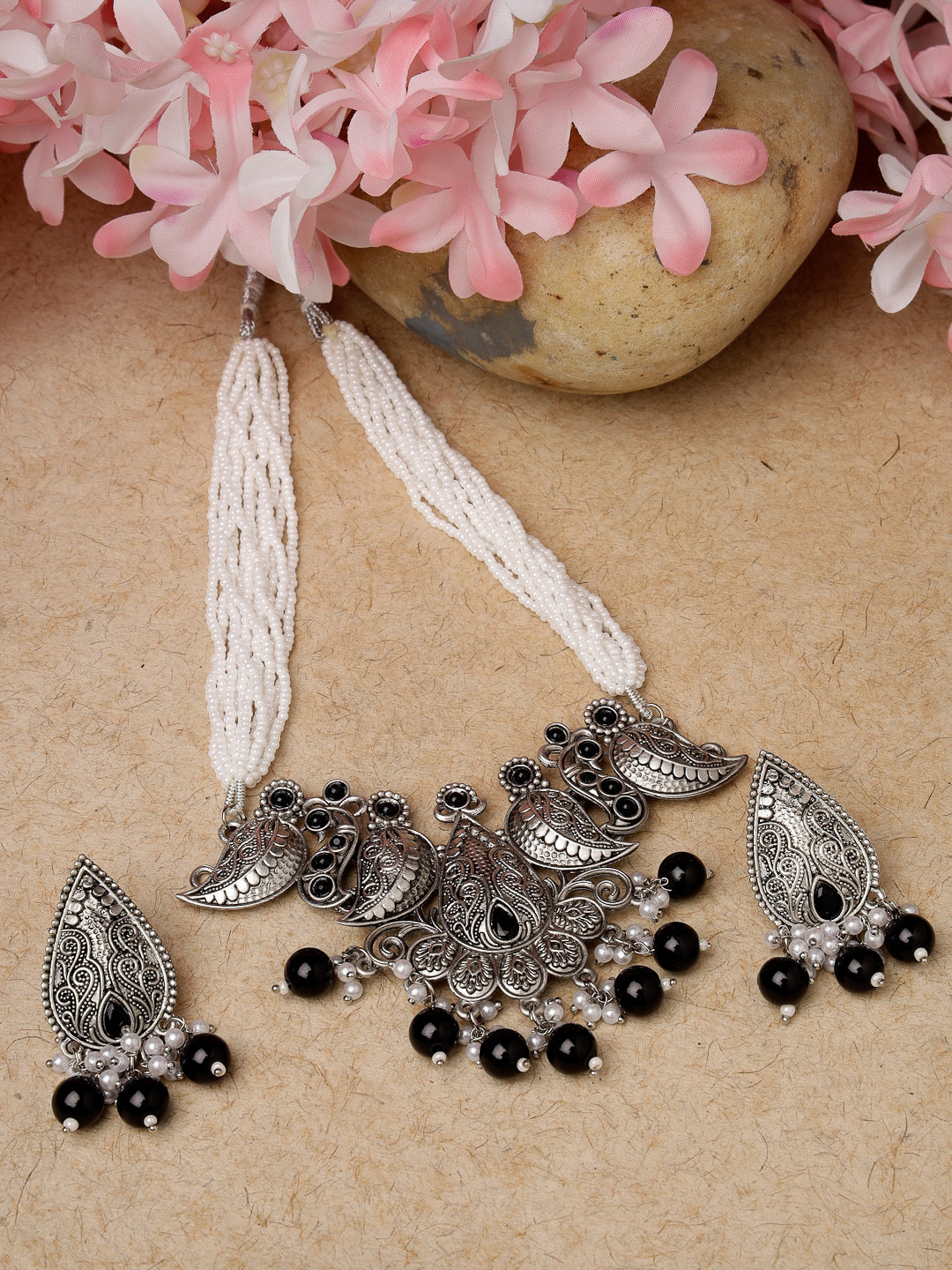 

ADIVA Silver Plated Oxidised Beaded Jewellery Set