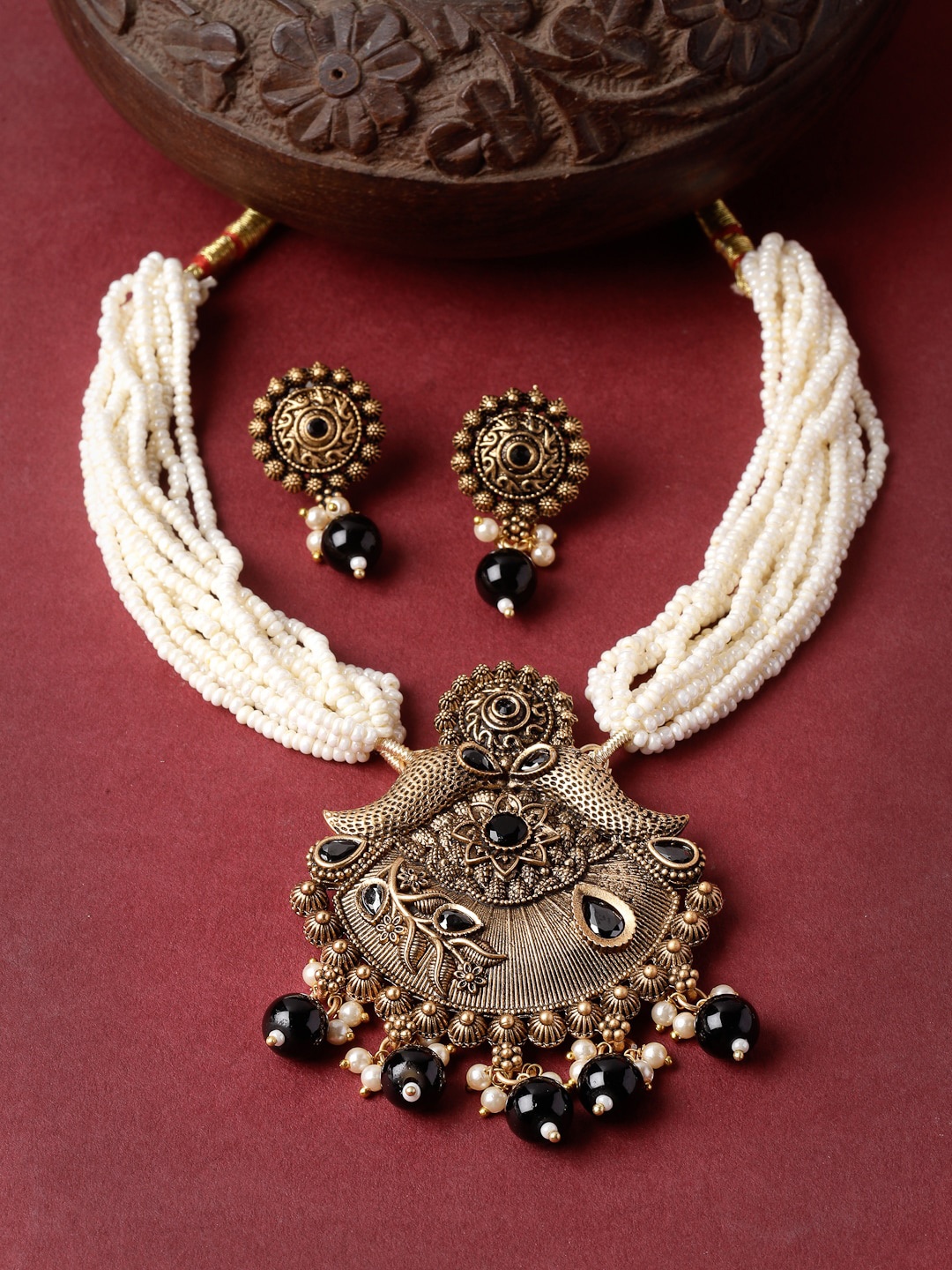 

ADIVA Gold-Plated Stone Studded And Beaded Jewellery Set