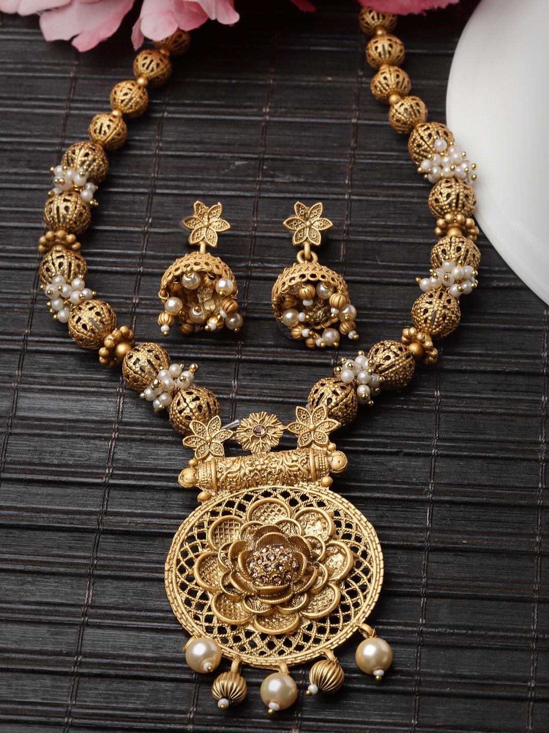 

ADIVA Gold-Plated Stones Studded and Beaded Floral Shaped Jewellery Set